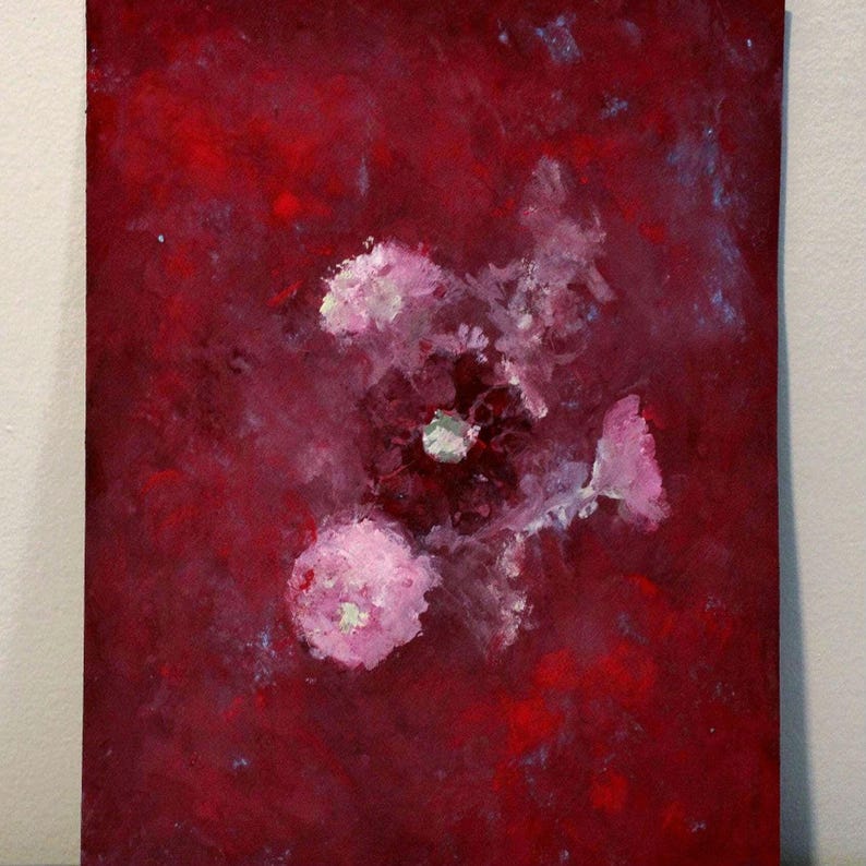 Gotisk röd blommig målning i utsmyckad svart ram | Original gouache- och akrylkonstverk 11x14 bild 7