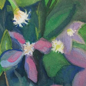 May include: Watercolor painting of purple and pink flowers with white centers, surrounded by green leaves.
