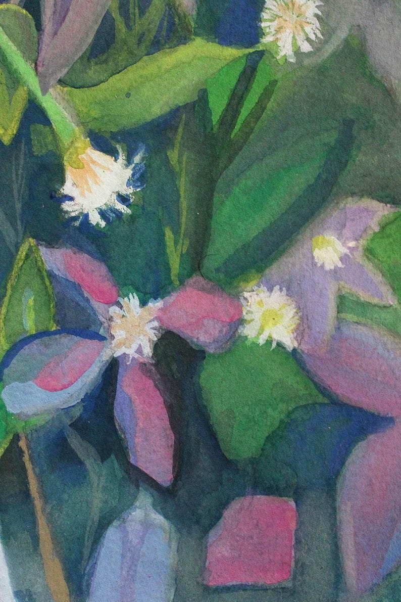 May include: Watercolor painting of purple and pink flowers with white centers, surrounded by green leaves.