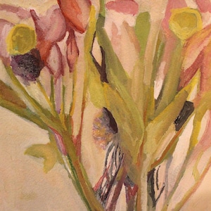 May include: Watercolor painting of a bouquet of flowers. The flowers have red, pink, yellow, and purple blooms with green and yellow leaves. The background is a light beige color.