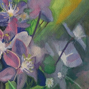May include: Watercolor painting of purple and white flowers with green leaves. The flowers are in bloom and have a soft, delicate appearance.