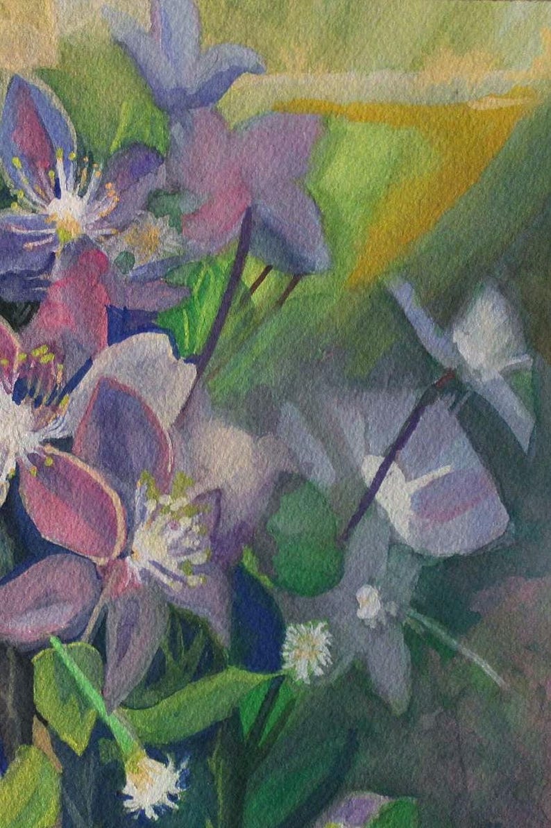 May include: Watercolor painting of purple and white flowers with green leaves. The flowers are in bloom and have a soft, delicate appearance.