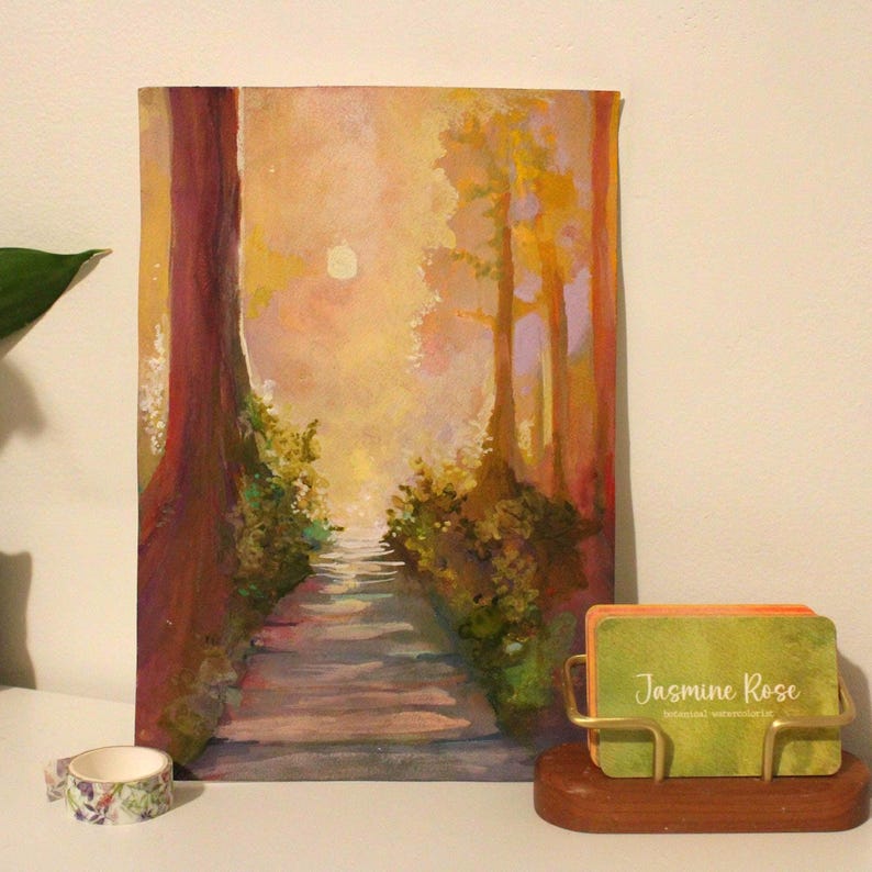 Gouden bos-gouacheschilderij: serene boszonsopgang (7 x 10 inch) afbeelding 3