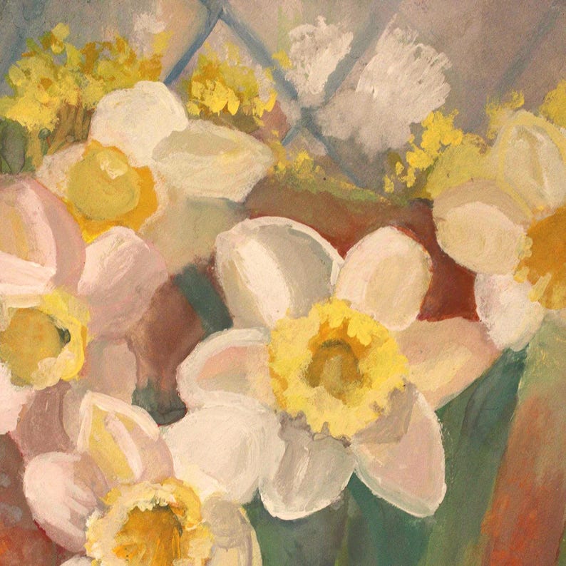 Puede incluir: Pintura impresionista de narcisos. Las flores tienen p&eacute;talos blancos y centros amarillos brillantes. El fondo incluye tonos verdes, marrones y azules, sugiriendo una ventana o una escena al aire libre. Las pinceladas son visibles, dando a la pintura un aspecto texturizado.