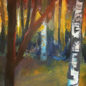 May include: An abstract painting of a forest scene. The artwork features a variety of trees with brown, yellow, and red foliage. A birch tree with black and white bark is on the right. The painting uses a palette of warm colors.