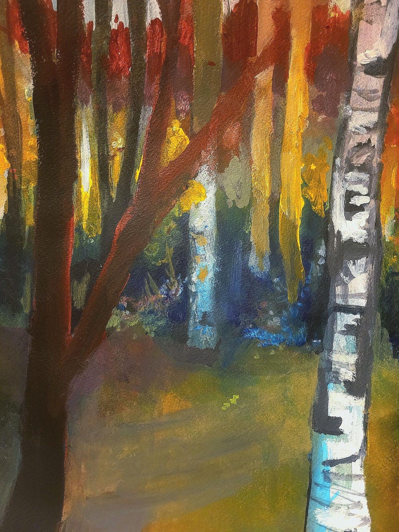 May include: An abstract painting of a forest scene. The artwork features a variety of trees with brown, yellow, and red foliage. A birch tree with black and white bark is on the right. The painting uses a palette of warm colors.