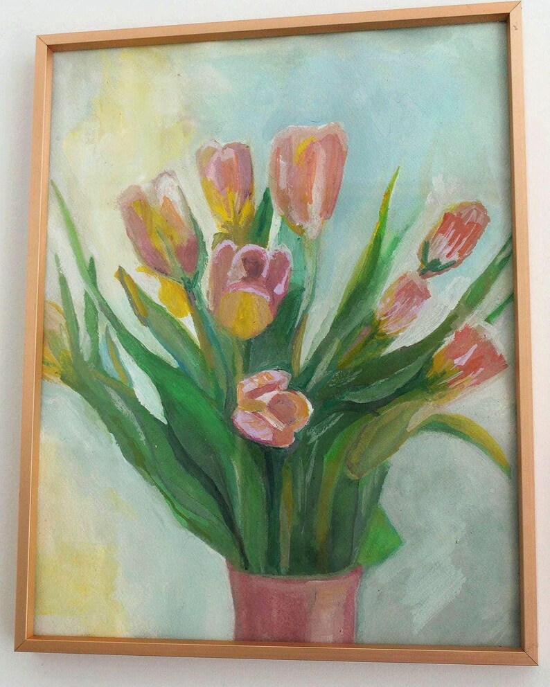 Tulip Bouquet Painting: Original Floral Gouache Art (11x14in) image 3