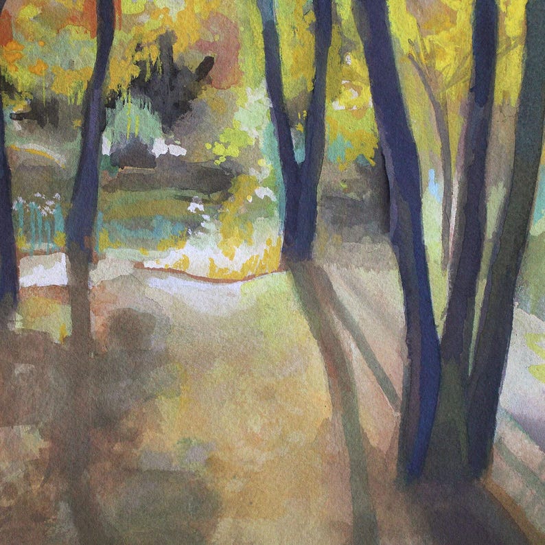 May include: A watercolor painting of a forest scene with tall, dark trees and a path leading into the woods. The trees are painted in shades of blue and green, and the path is a light brown color. The background is a soft yellow and green, suggesting a sunny day.
