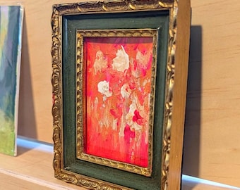 Miniatyr inramat rosa abstrakt blomkonstverk - 2,5×3,5 tum original akrylmålning