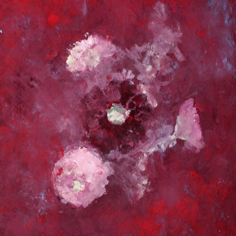 Gotisk röd blommig målning i utsmyckad svart ram | Original gouache- och akrylkonstverk 11x14 bild 6