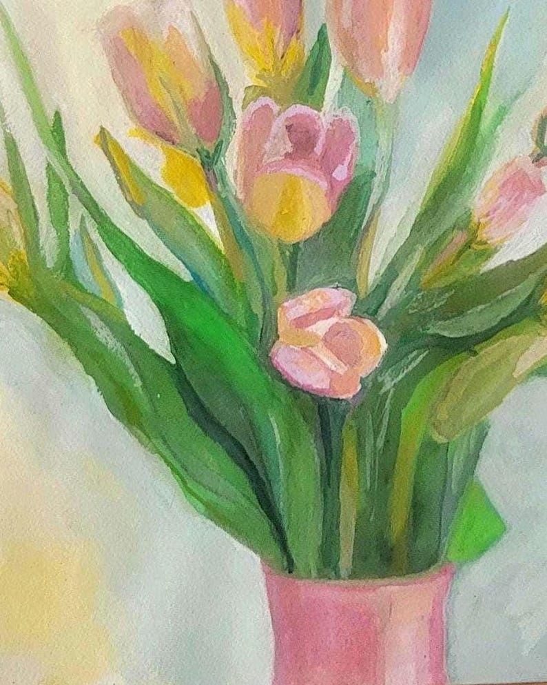 Tulip Bouquet Painting: Original Floral Gouache Art (11x14in) image 2