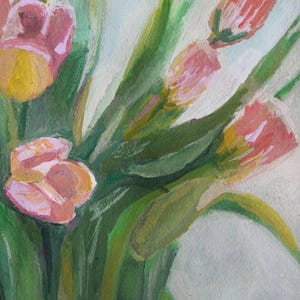 May include: Watercolor painting of a bouquet of tulips. The flowers are in various stages of bloom, with pink and yellow petals. Green leaves and stems surround the flowers. The background is a light blue and white.