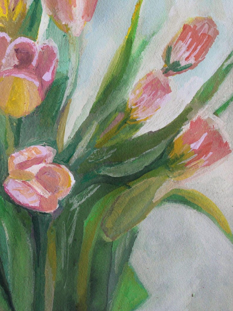 May include: Watercolor painting of a bouquet of tulips. The flowers are in various stages of bloom, with pink and yellow petals. Green leaves and stems surround the flowers. The background is a light blue and white.