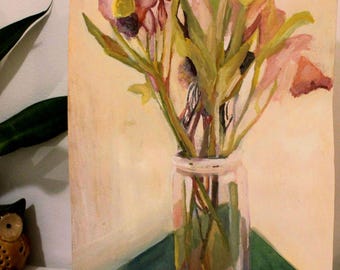 Original Floral Gouache Painting: Neutral Flower Bouquet, 9x12in