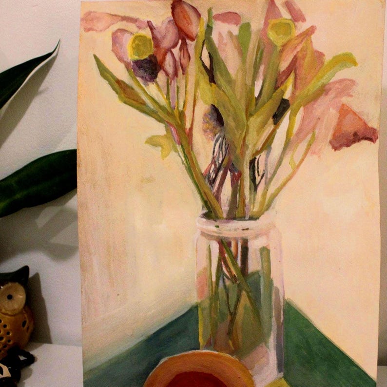 Original Floral Gouache Painting: Neutral Flower Bouquet, 9x12in image 1