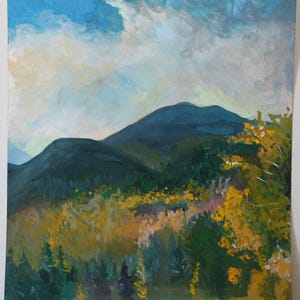 May include: An original landscape painting depicting a mountain range under a cloudy sky. The artwork features a color palette of blues, greens, and yellows, with brushstrokes creating texture and depth. The painting captures a serene outdoor scene.