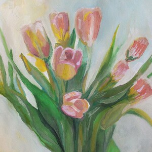 May include: A watercolor painting of a bouquet of tulips in a pink vase. The tulips are a mix of pink, yellow, and white, with green leaves. The background is a soft yellow and light blue.