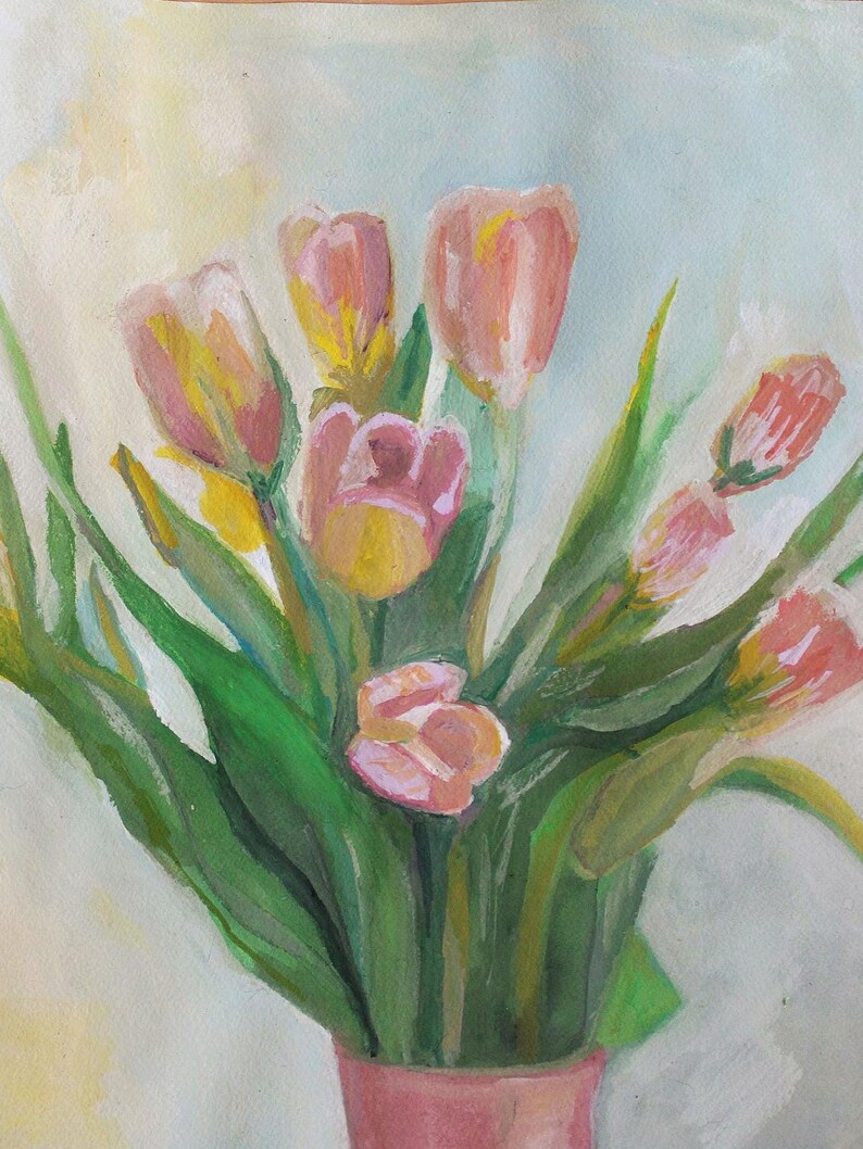 May include: A watercolor painting of a bouquet of tulips in a pink vase. The tulips are a mix of pink, yellow, and white, with green leaves. The background is a soft yellow and light blue.