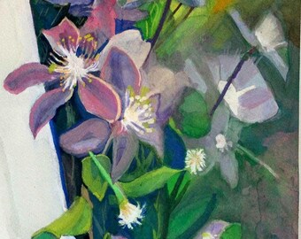 Pintura floral original en gouache: Paisaje con flores moradas (18 x 25 cm)