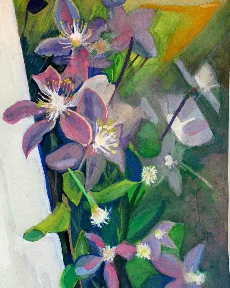 Original Floral Gouache Painting: Purple Flowers Landscape Art (7x10in) image 1