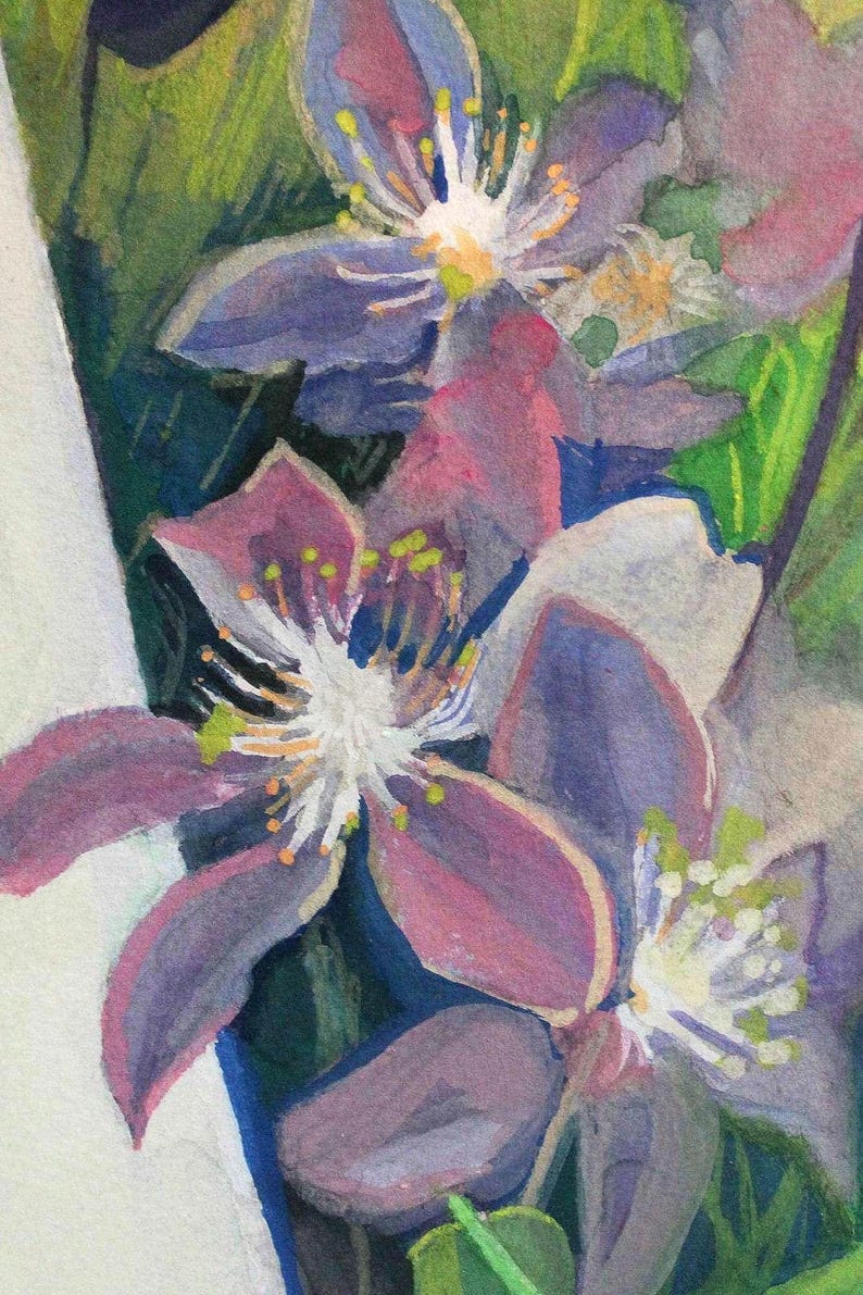 Original Floral Gouache Painting: Purple Flowers Landscape Art (7x10in) image 2