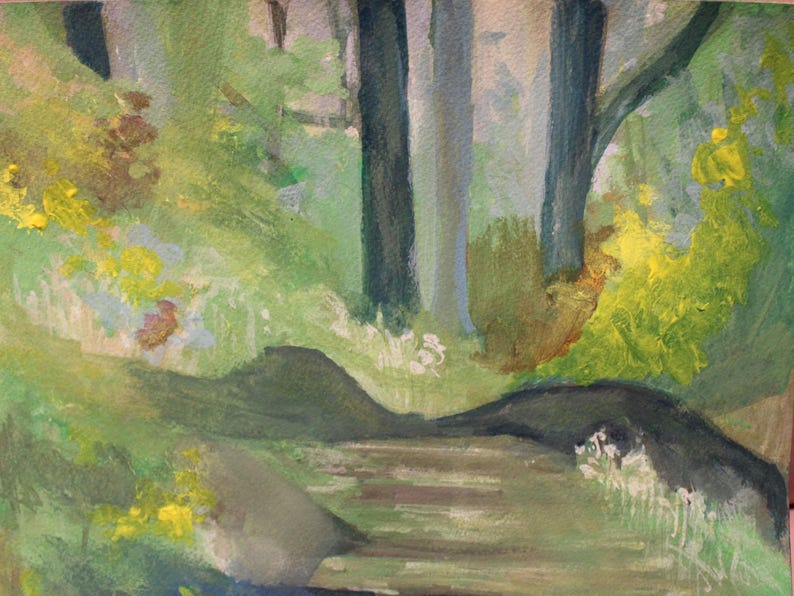 Verdant Forest Landscape – Original 11x14in Gouache Painting Wall Art, Hand-Painted Nature Decor, Unframed image 3