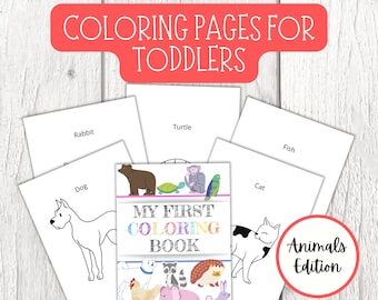 May include: A collection of coloring pages for toddlers, featuring animal outlines. The cover of the "My First Coloring Book" is visible, along with individual pages labeled with animal names like "Rabbit" and "Dog". The words "Animals Edition" are also visible.