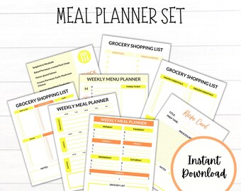 May include: A collection of printable meal planners and grocery lists. The set includes weekly menu planners, grocery shopping lists, and recipe cards. The design features a white background with yellow and orange accents. Text includes "Meal Planner Set" and "Instant Download".