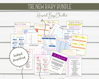 May include: A selection of printable baby planning documents, including a hospital bag checklist, baby registry checklist, and vaccination schedule tracker. The documents feature pastel colours and handwritten fonts, with the text "The New Baby Bundle" at the top.