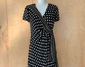 DONNA RICCO Black & Cream polka dot silk wrap dress