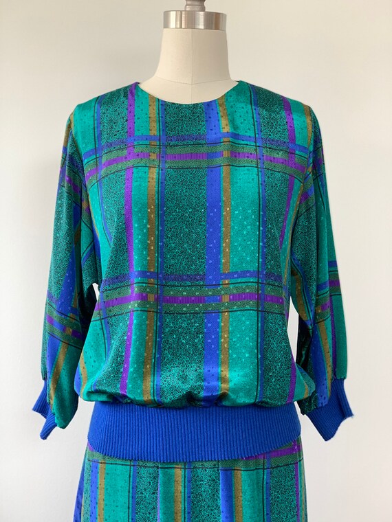 80s LESLIE FAY Plaid 2-piece blouse and skirt set - image 2