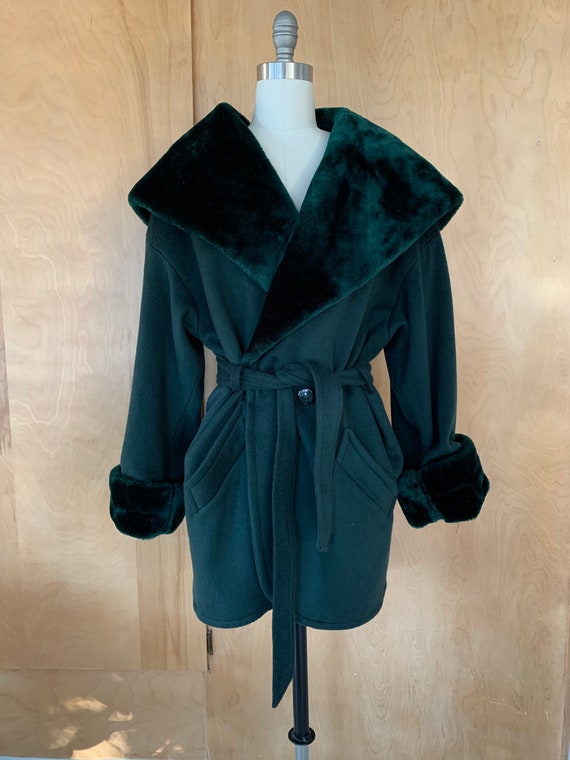 LOROVI Dark green oversized collar hooded wrap coa