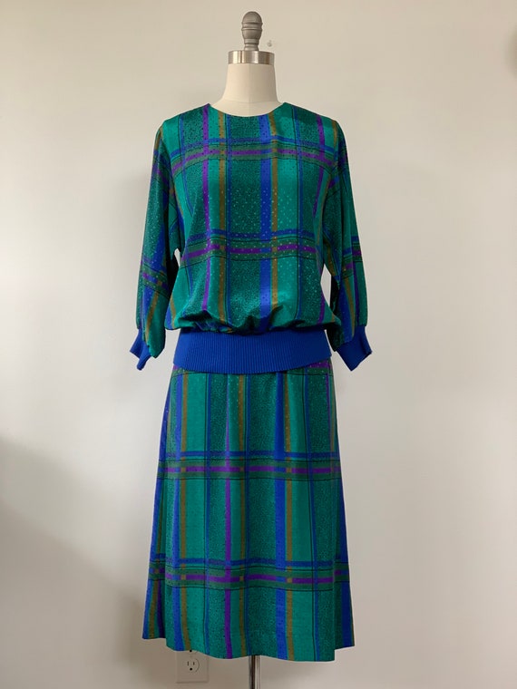 80s LESLIE FAY Plaid 2-piece blouse and skirt set - image 1
