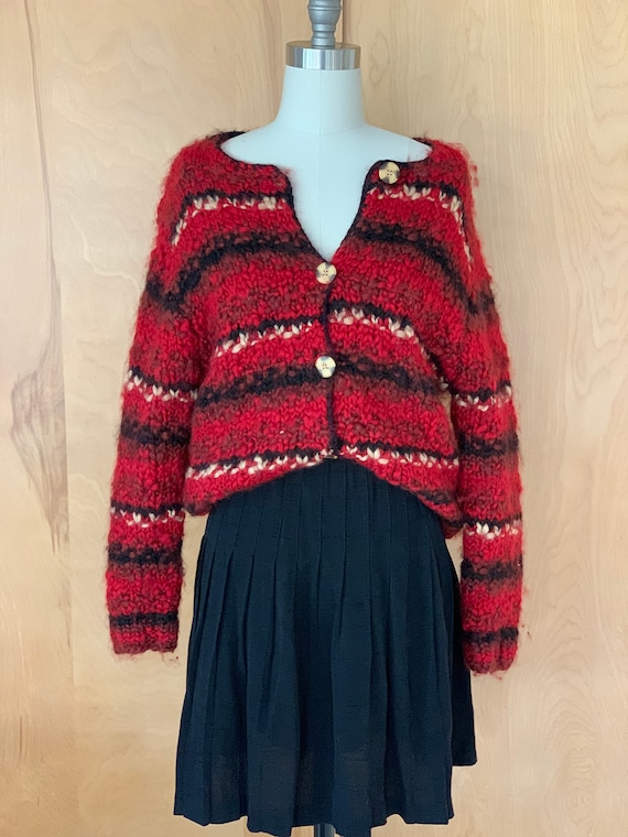 Vintage Red multi hand knit chunky sweater cardiga