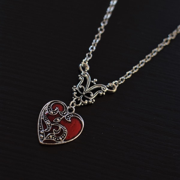 Collier gothique en acier, pendentif coeur émaillé, rouge, fleurs, chaîne, romantique, witchy, baroque, gothique, amour, Saint-Valentin