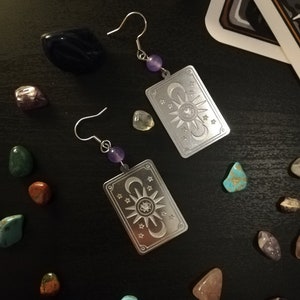 Pendientes colgantes de latón con cartas del tarot, cartas mágicas y cuentas de ágata, luna, estrella, sol, místico, brujo