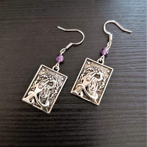 Boucles d'oreilles en acier, crochets, breloques, cartes, mains, serpent, lune, witchy, witch, sorcière, mystique, perles en améthyste