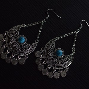 Boucles d'oreilles pendantes en acier, orientales, turquoise en résine, pièces en métal, hippie, boheme, boho