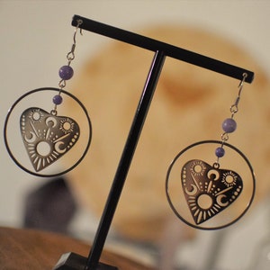 Boucles d'oreilles en acier inoxydable, planchette ouija, lunes, soleil, cercles, angélite, witchy, sorcière, mystique
