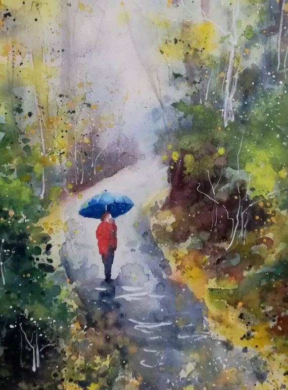 絵画「蝉時雨」　水彩画 オリジナル絵画。風景、森、雨の日。限定水彩画 - Etsy 日本