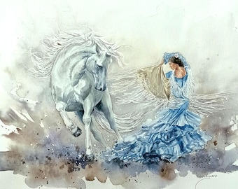 Flamenco Dancer & Andalusian Horse: Original Watercolor Painting