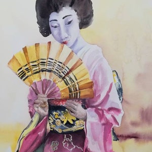 Original painting. Golden and pink Geisha, Japan. Exclusive watercolor.