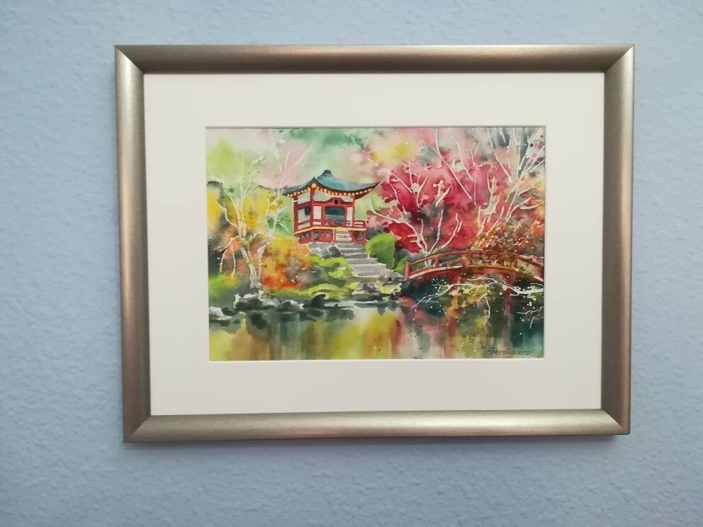 Oriental Garden, Watercolor Painting, Limited Print of Original