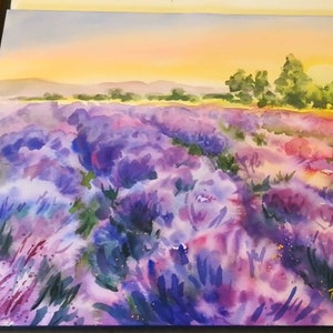 May include: Watercolor painting of a lavender field with a sunset in the background. The painting is signed "Perdiguero" in the bottom right corner.
