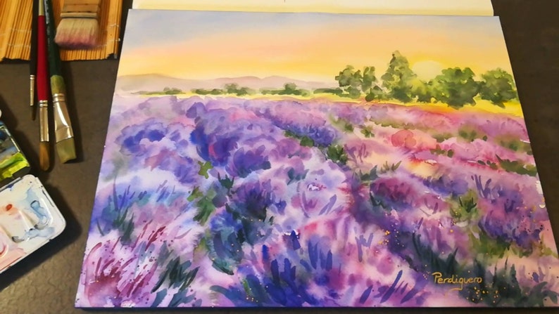 May include: Watercolor painting of a lavender field with a sunset in the background. The painting is signed "Perdiguero" in the bottom right corner.