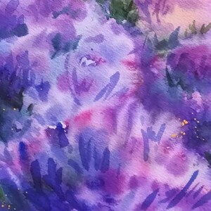 May include: Abstract watercolor painting with purple, blue, and green hues. The painting features a textured, layered effect with hints of gold glitter. The artist's signature, "Perdiguero", is visible in the lower right corner.