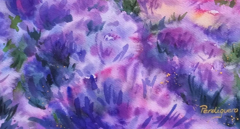 May include: Abstract watercolor painting with purple, blue, and green hues. The painting features a textured, layered effect with hints of gold glitter. The artist's signature, "Perdiguero", is visible in the lower right corner.