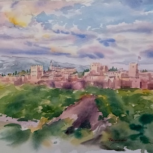 Dipinto originale. Alhambra. Granada. Andalusia. Spagna. Palazzo Nazari. Giardino. Acquerello esclusivo.