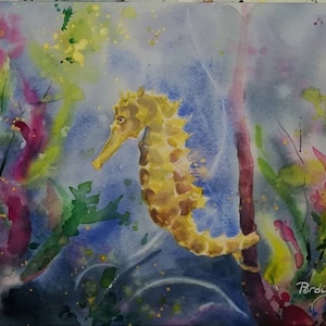 Dipinto ad acquerello originale esclusivo. Cavalluccio marino, mare, fauna selvatica, natura