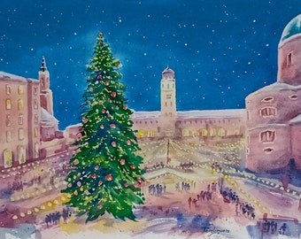 Original painting. Christmas market, Salzburg, Austria. Starry night.  Exclusive watercolor